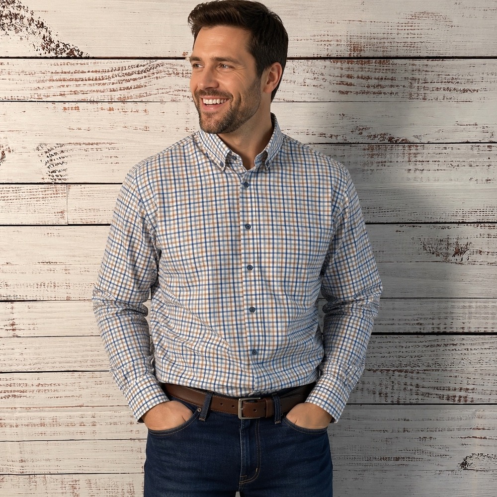 Lorenzo Uomo Dress Shirt Mens 16.5 32/33 Blue Tan Check Trim Fit Cotton Blend